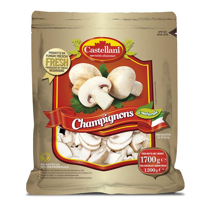 FUNGHI CHAMPIGNON TAGLIATI AL NATURALE IN BUSTA KG.1,7 PESO SGOCCIOLATO GR.1200