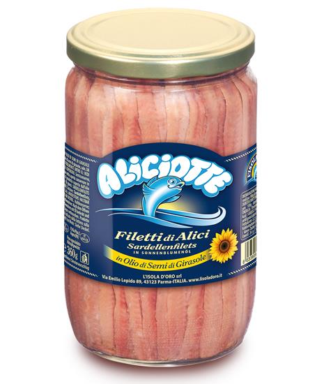 FILETTI DI ALICI IN OLIO GR.700 ALICIOTTE PESO SGOCCIOLATO GR.360 Z/FAO 34