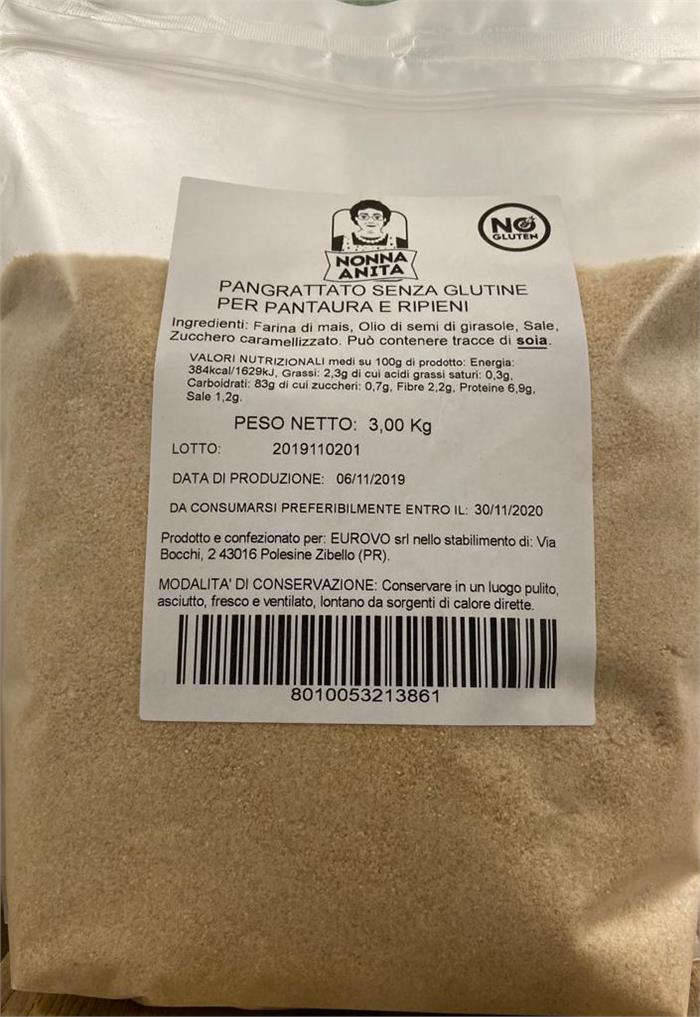 PANE GRATTUGIATO NONNA ANProdotto italiano SENZA GLUTINE KG.3 PER PANATURA E RIPIENI