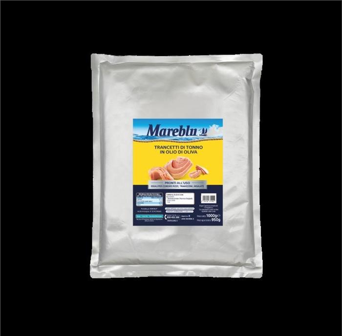 TONNO A TRANCETTI IN BUSTA MAREBLU GR.1000 PESO SGOCCIOLATO GR.950  KATSUWONUS PELAMIS