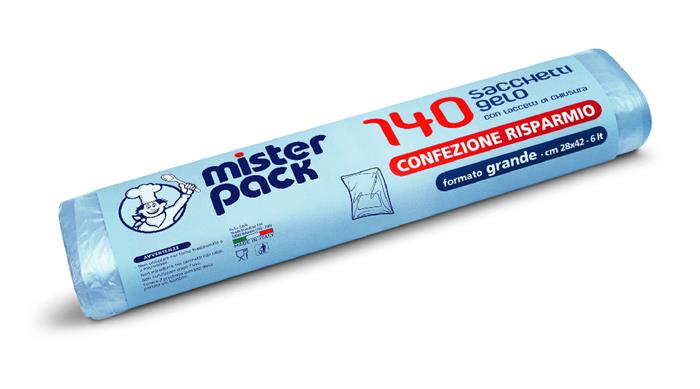 SACCHETTI GELO ROTOLO CM.28X42 PZ.140 CON LACCETTI-FORMATO GRANDE- MISTER PACK